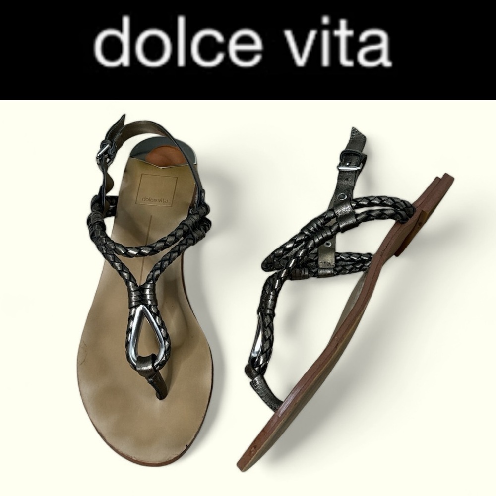 DOLCE VITA DIXON PEWTER BRAIDED LEATHER THONG STYLE SANDALS